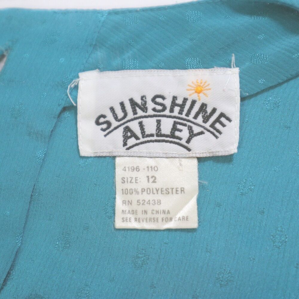 Vintage 1980s Sunshine Alley Size 12 Ruffle Sleeve Dress Teal Satin - Picture 9 of 10